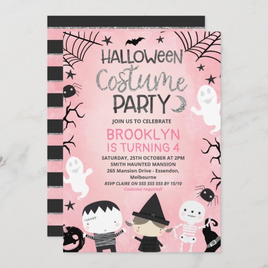 ピンク白黒ガールズハローウィンパーティ誕生日 招待状 (正面/裏面)