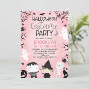 ピンク白黒ガールズハローウィンパーティ誕生日 招待状
