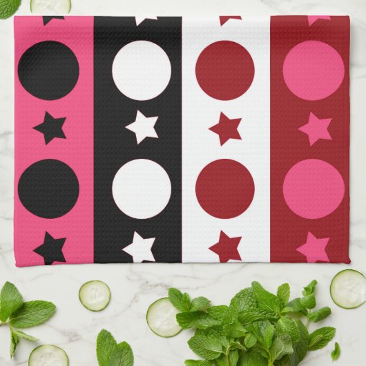 ピンク白黒サークルスターストライプズデザイン キッチンタオル (折り畳み)