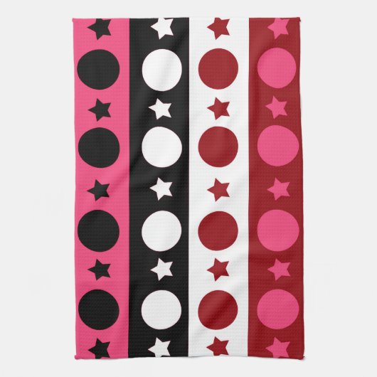 ピンク白黒サークルスターストライプズデザイン キッチンタオル (縦)