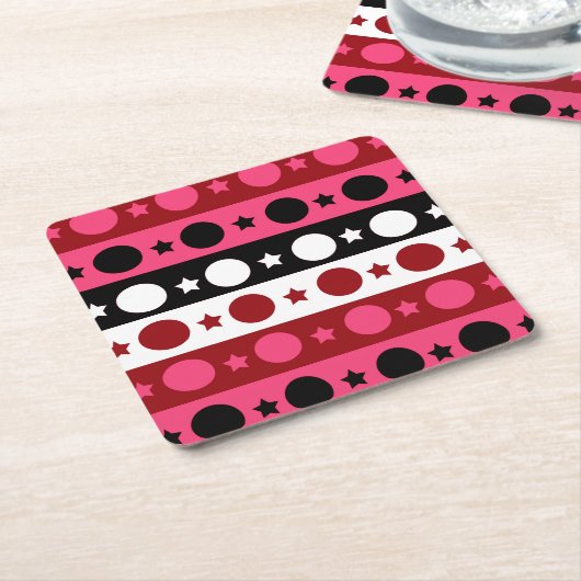 ピンク白黒サークルスターストライプズデザイン スクエアペーパーコースター (アングル)