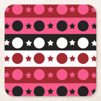 ピンク白黒サークルスターストライプズデザイン スクエアペーパーコースター