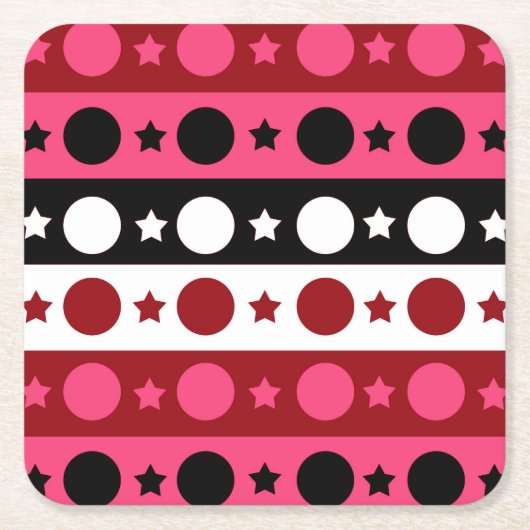 ピンク白黒サークルスターストライプズデザイン スクエアペーパーコースター (正面)