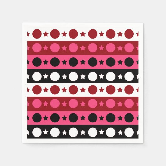 ピンク白黒サークルスターストライプズデザイン スタンダードカクテルナプキン (正面)