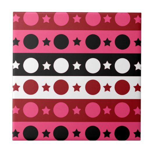ピンク白黒サークルスターストライプズデザイン タイル (正面)