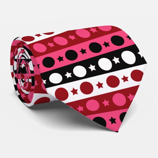 ピンク白黒サークルスターストライプズデザイン ネクタイ (ロール)