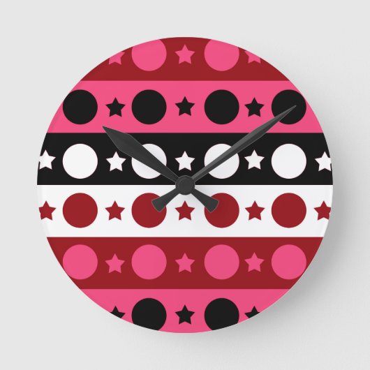 ピンク白黒サークルスターストライプズデザイン ラウンド壁時計 (正面)