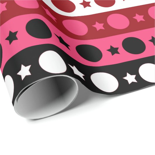 ピンク白黒サークルスターストライプズデザイン ラッピングペーパー (ロールコーナー)