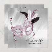 ピンク白黒スウィート16マスカレードパーティー 招待状 (正面/裏面)