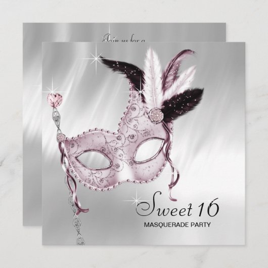 ピンク白黒スウィート16マスカレードパーティー 招待状 (正面/裏面)