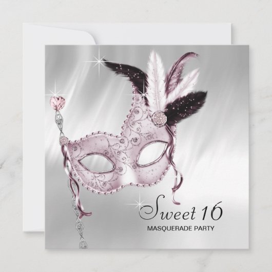 ピンク白黒スウィート16マスカレードパーティー 招待状 (正面)