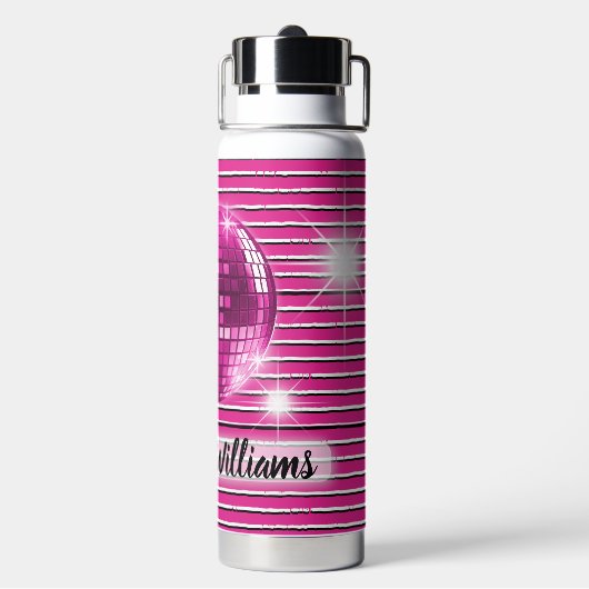 ピンク白黒ストライプディスコボールスパークル名 ウォーターボトル (背面)