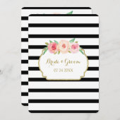 ピンク白黒ストライプ金ゴールド結婚式招待状 招待状 (正面/裏面)