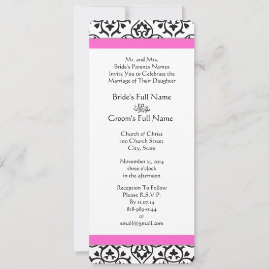 ピンク白黒ハートダマスクウェディング招待状 招待状 (正面)
