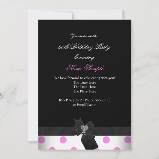 ピンク白黒ハート水玉模様ヒール誕生日 招待状 (裏面)