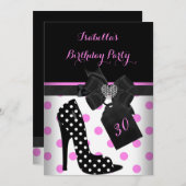ピンク白黒ハート水玉模様ヒール誕生日 招待状 (正面/裏面)