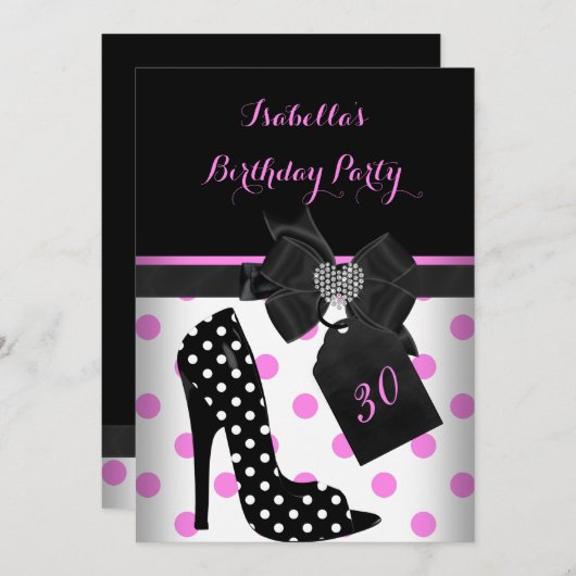 ピンク白黒ハート水玉模様ヒール誕生日 招待状 (正面/裏面)