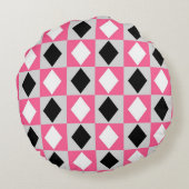 ピンク白黒幾何学的な菱形ダイヤモンド ラウンドクッション (裏面)