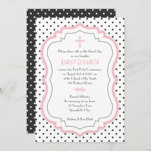 ピンク白黒水玉模様コミューニオン招待状 招待状 (正面/裏面)
