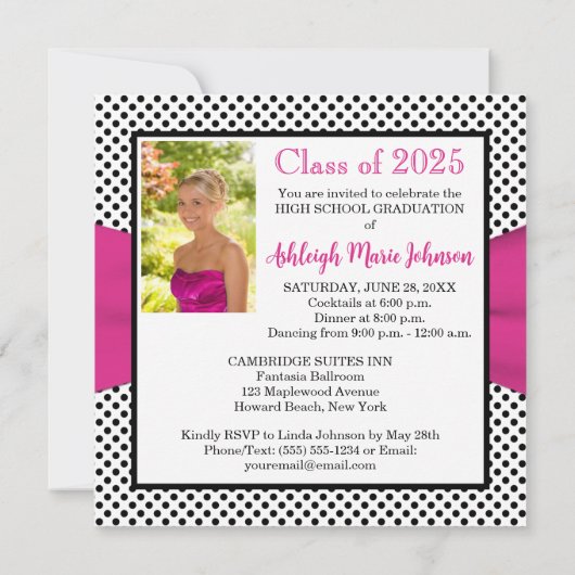 ピンク白黒水玉模様写真卒業招待状 招待状 (裏面)