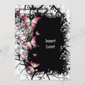 ピンク白黒水色バタフライパーティー 招待状 (正面/裏面)