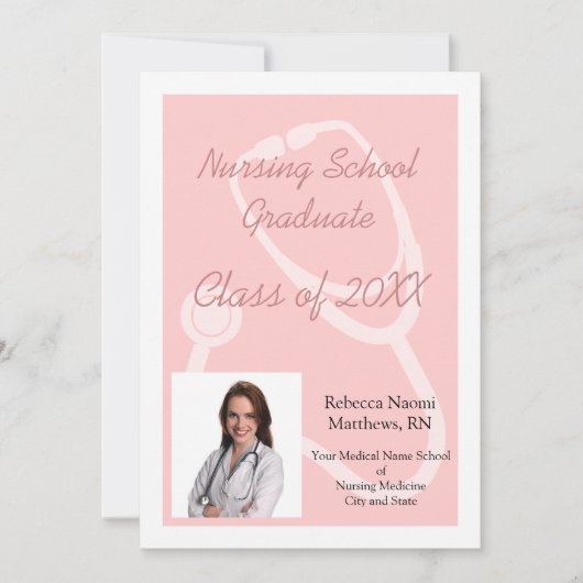 ピンク看護学校写真卒業発表 招待状 (正面)