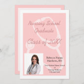 ピンク看護学校写真卒業発表 招待状 (正面/裏面)