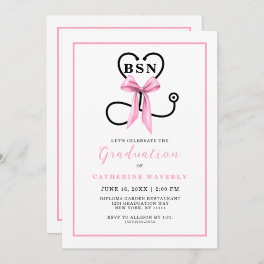 ピンク看護学校BSN卒業パーティー 招待状 (正面/裏面)