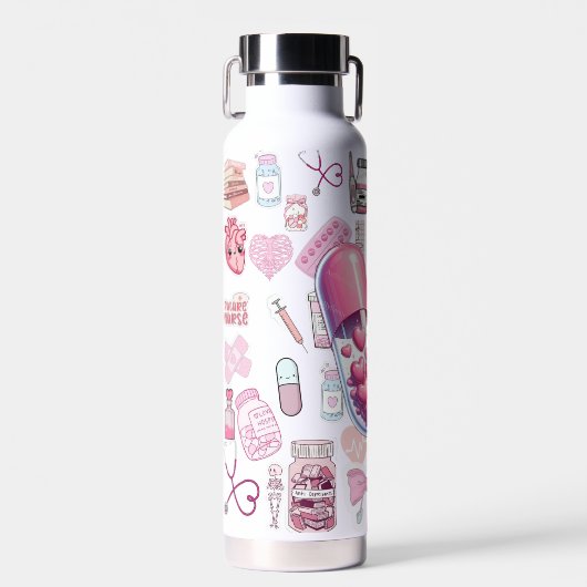 ピンク看護師医療アイコンパターンの水筒 ウォーターボトル (正面)