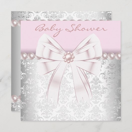 ピンク真珠ピンクダマスクベビーシャワー 招待状 (正面/裏面)