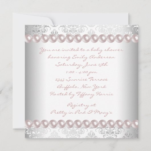 ピンク真珠ピンクダマスクベビーシャワー 招待状 (裏面)