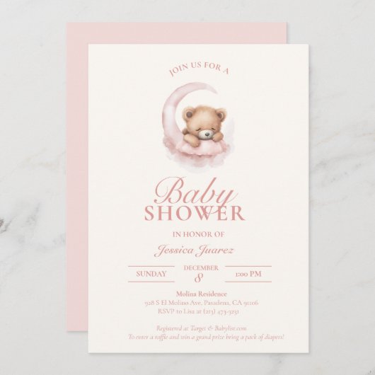 ピンク眠いテディベアベビーシャワー招待状 招待状 (正面/裏面)