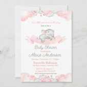 ピンク眠るベビーゾウ赤ちゃんシャワー 招待状 (正面)