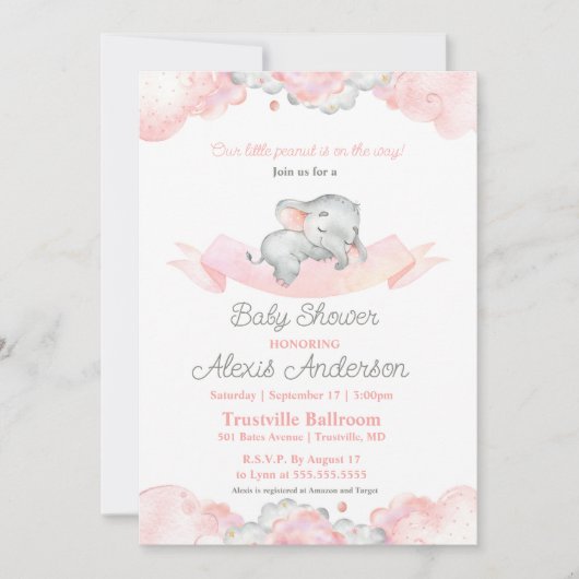 ピンク眠るベビーゾウ赤ちゃんシャワー 招待状 (正面)
