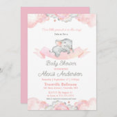 ピンク眠るベビーゾウ赤ちゃんシャワー 招待状 (正面/裏面)