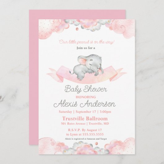 ピンク眠るベビーゾウ赤ちゃんシャワー 招待状 (正面/裏面)