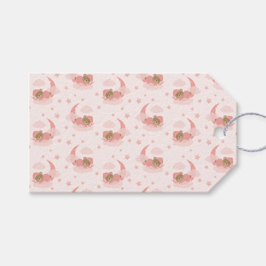 ピンク眠るベビーベアオンムーンクラウド&スターズ ギフトタグ (正面(横))