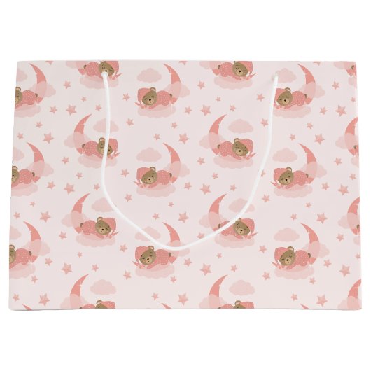 ピンク眠るベビーベアオンムーンクラウド&スターズ ラージペーパーバッグ (正面)