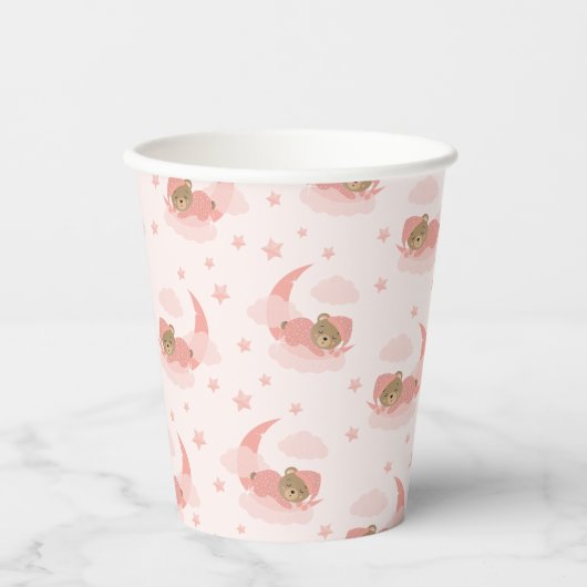 ピンク眠るベビーベアオンムーンクラウド&スターズ 紙コップ (正面)