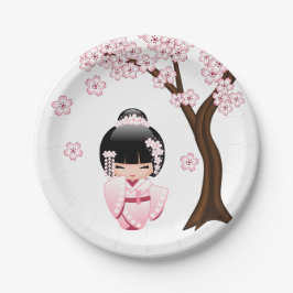 ピンク着物のかわいいこけし人形 ペーパープレート