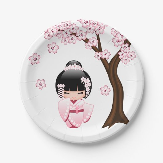 ピンク着物のかわいいこけし人形 ペーパープレート (正面)