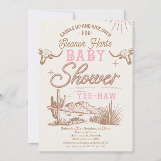 ピンク砂漠ワイルドウェスト西部の女の子赤ちゃんシャワー 招待状 (正面)