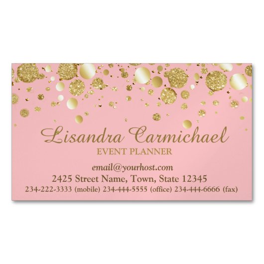 ピンク磁気名刺の金箔紙吹雪 マグネット名刺 (正面)