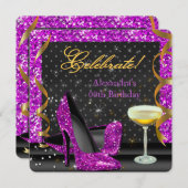 ピンク祝パープルブラックグリッター誕生日パーティー 招待状 (正面/裏面)