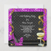 ピンク祝パープルブラックグリッター誕生日パーティー 招待状 (裏面)
