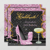 ピンク祝金ゴールドブラックグリッター誕生日パーティー 招待状 (正面/裏面)