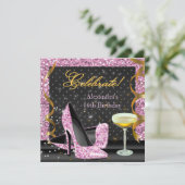 ピンク祝金ゴールドブラックグリッター誕生日パーティー 招待状 (スタンド正面)