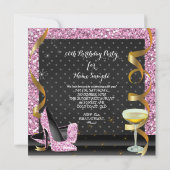 ピンク祝金ゴールドブラックグリッター誕生日パーティー 招待状 (裏面)