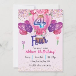 ピンク祝:紙吹雪バルーン4歳の誕生日 招待状