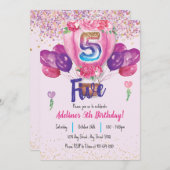 ピンク祝:紙吹雪バルーン5誕生日 招待状 (正面/裏面)